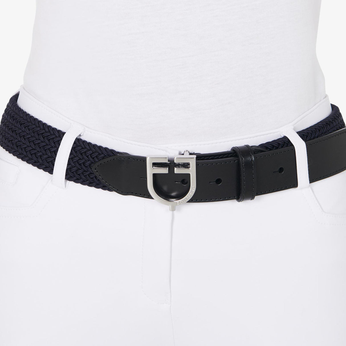Equestro Leather Elastic Belt With Logoed Buckle #colour_blue-silver