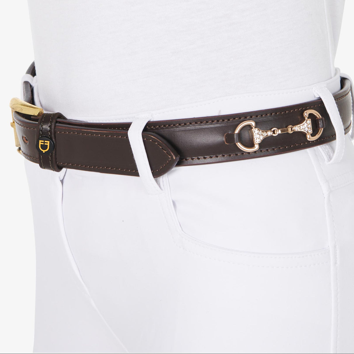 Equestro Leather Belt With Snaffle Bits And Rhinestones #colour_brown-gold