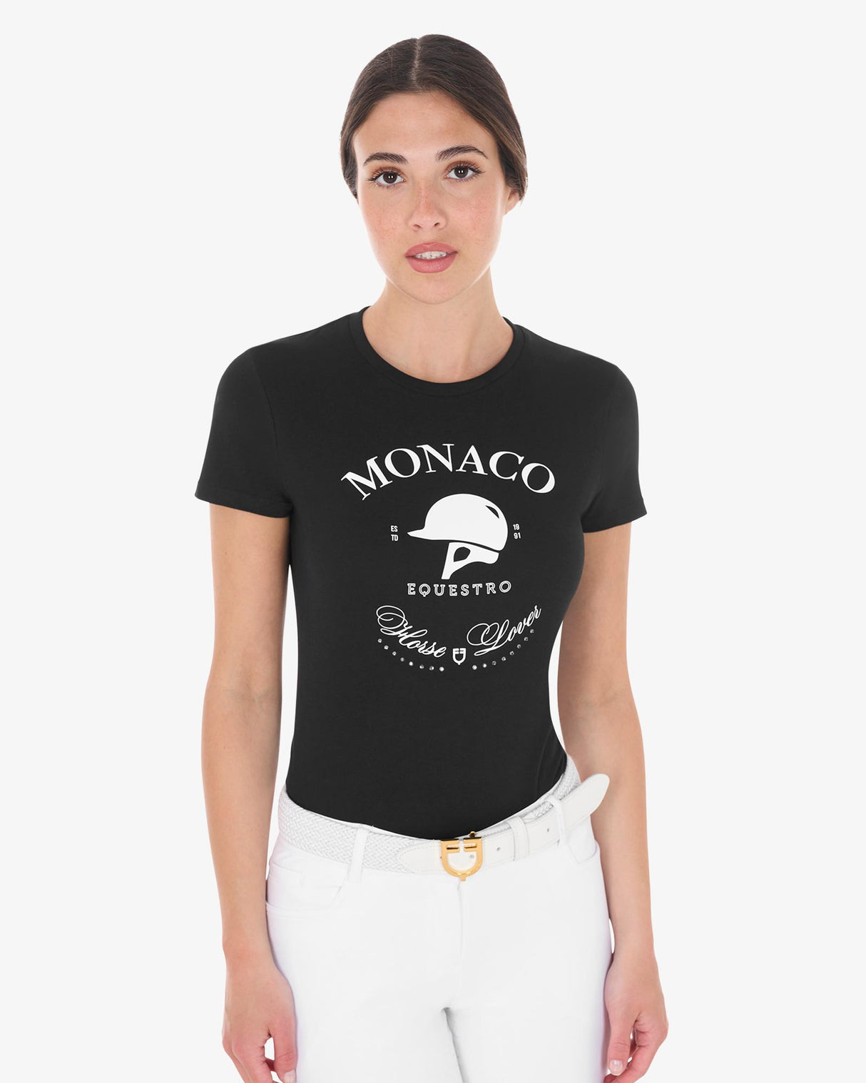 Equestro Women's Monaco Cotton T-Shirt With Rhinestones #colour_black