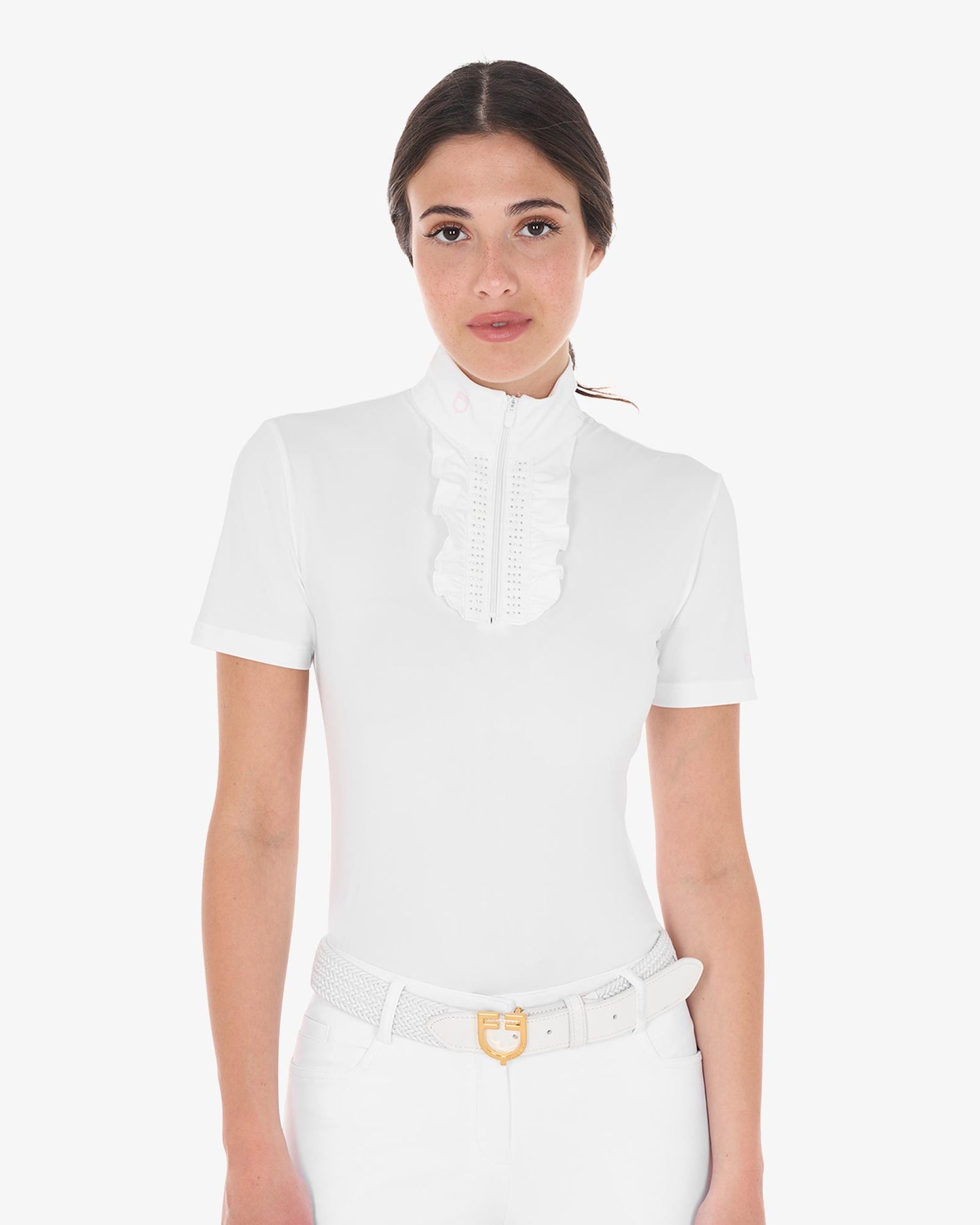 Equestro Women's Slim Fit Competition Polo Shirt With Ruffles And Rhinestones #colour_white-pink