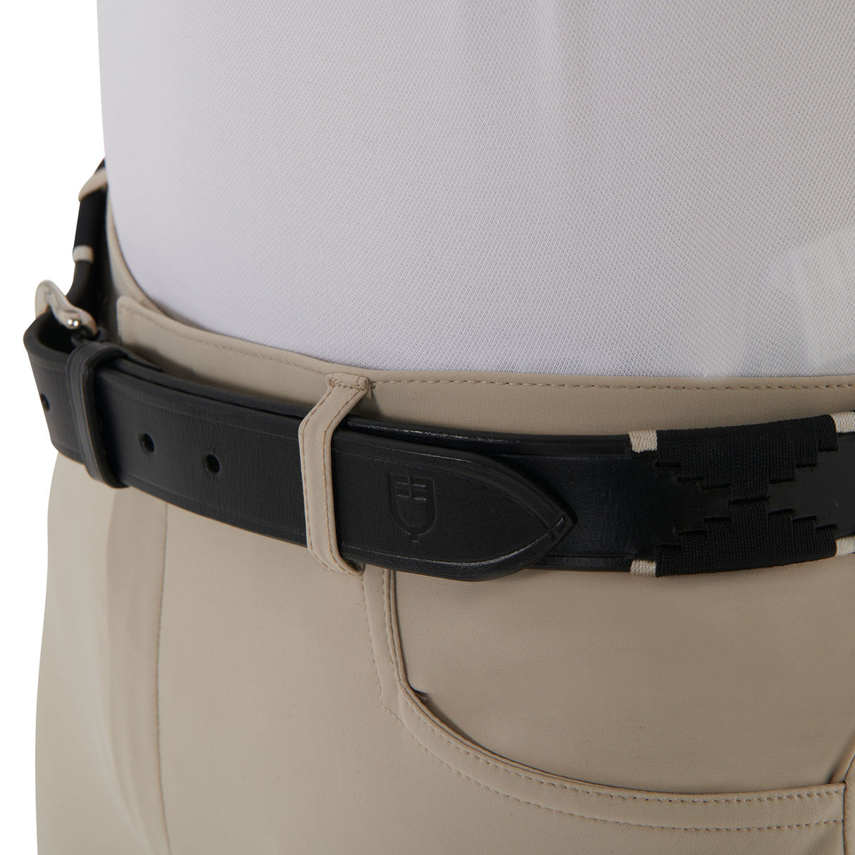 Equestro Leather Belt With Black And White Embroidery #colour_black