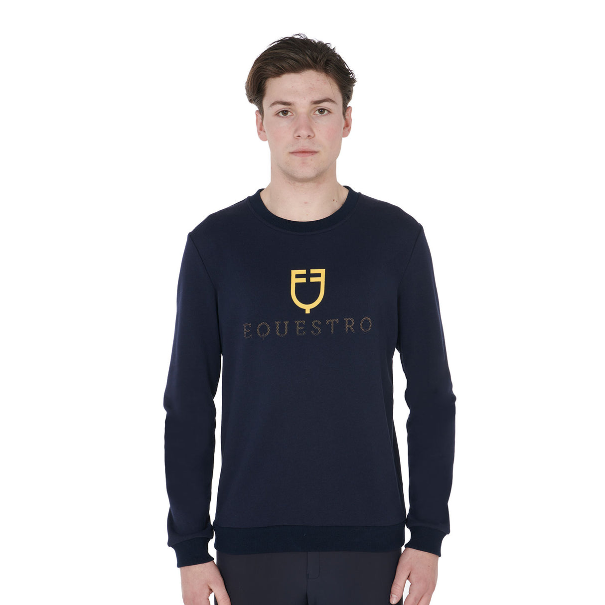 Equestro Men's Cotton Crewneck Sweatshirt With Logo On The Chest #colour_blue