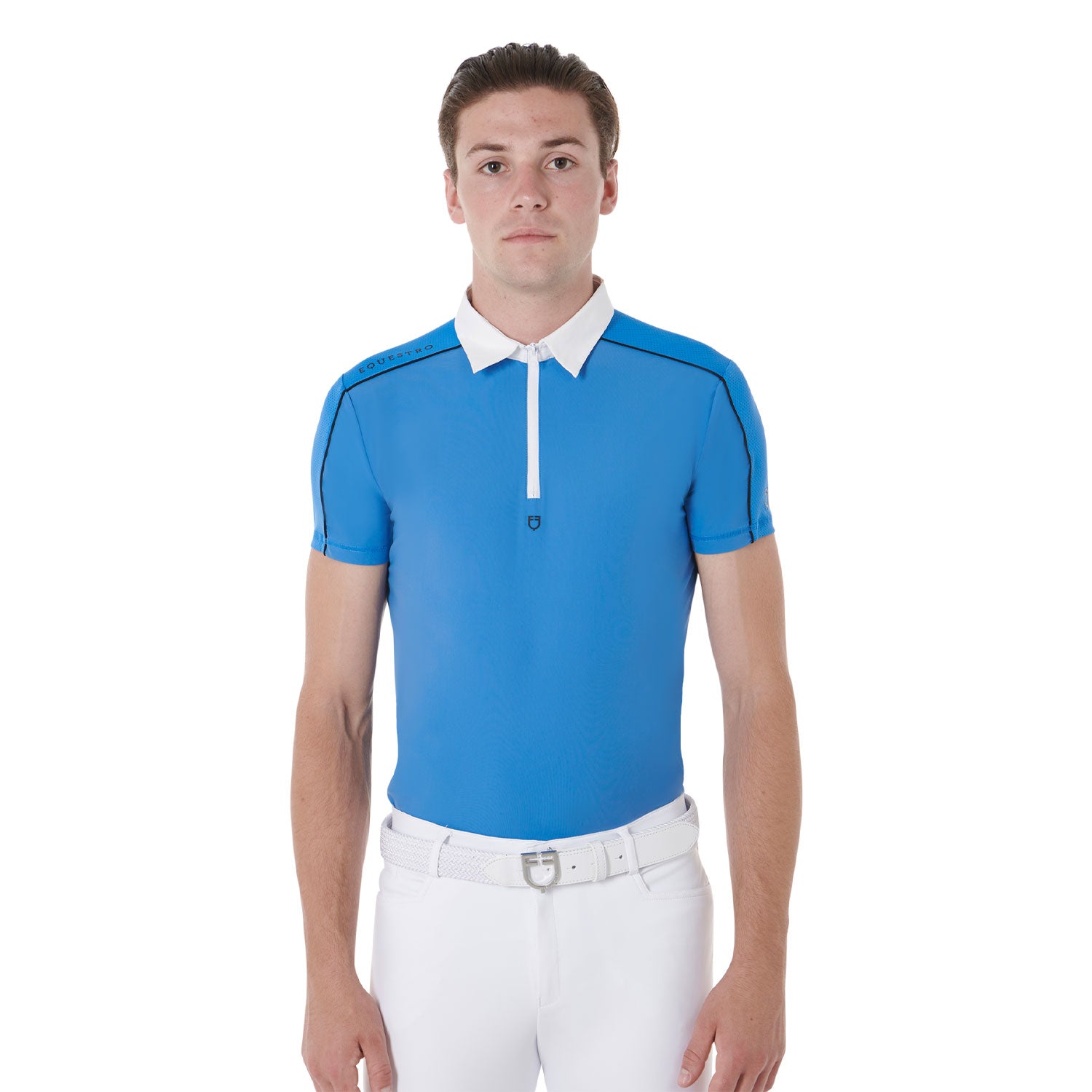 Equestro Men’S Short Sleeve Polo Shirt With Zip And Mesh Trim #colour_blue