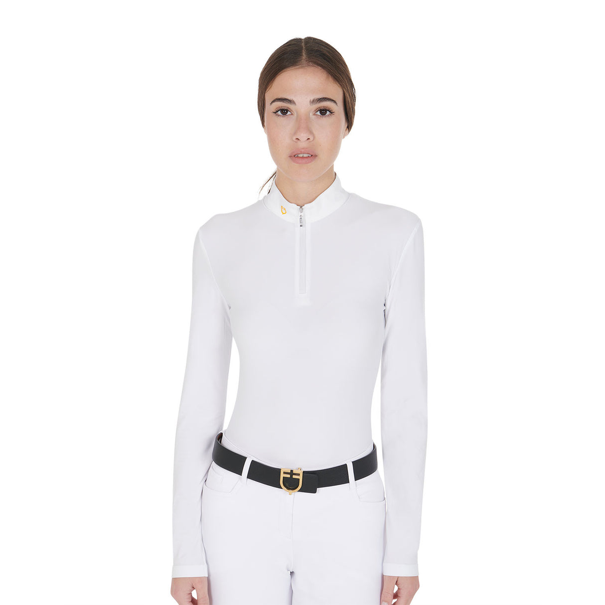 Women's long sleeved polo shirt in technical fleece fabric