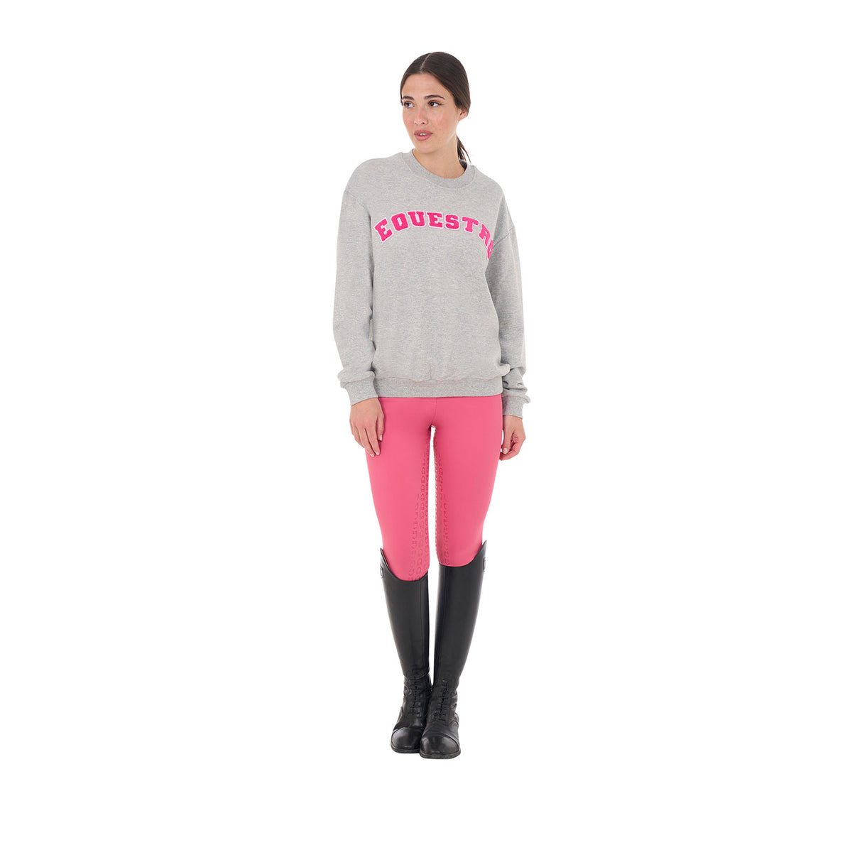 Equestro Women's Crewneck Sweatshirt With Sponge Lettering #colour_grey-fucsia
