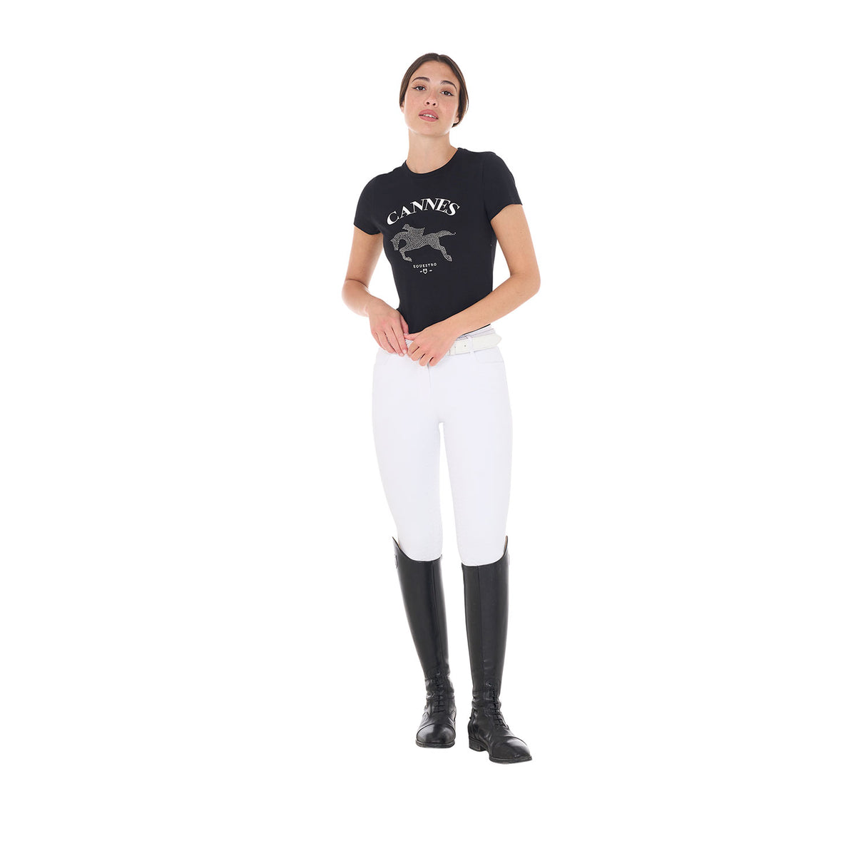 Equestro Women's Cannes Cotton T-Shirt With Rhinestones #colour_black
