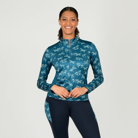 Dublin Ladies Autumn Sally Long Sleeve Riding Top #colour_legion-blue-frolicking-horses