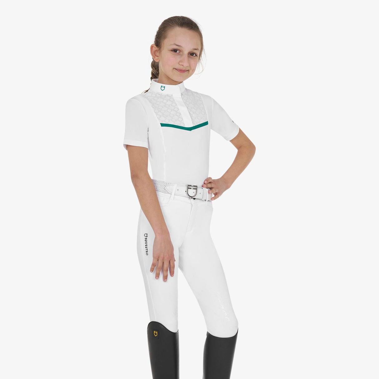 Equestro Girls' Slim Fit Competition Jacket With Chest Perforated Inserts #colour_green-white