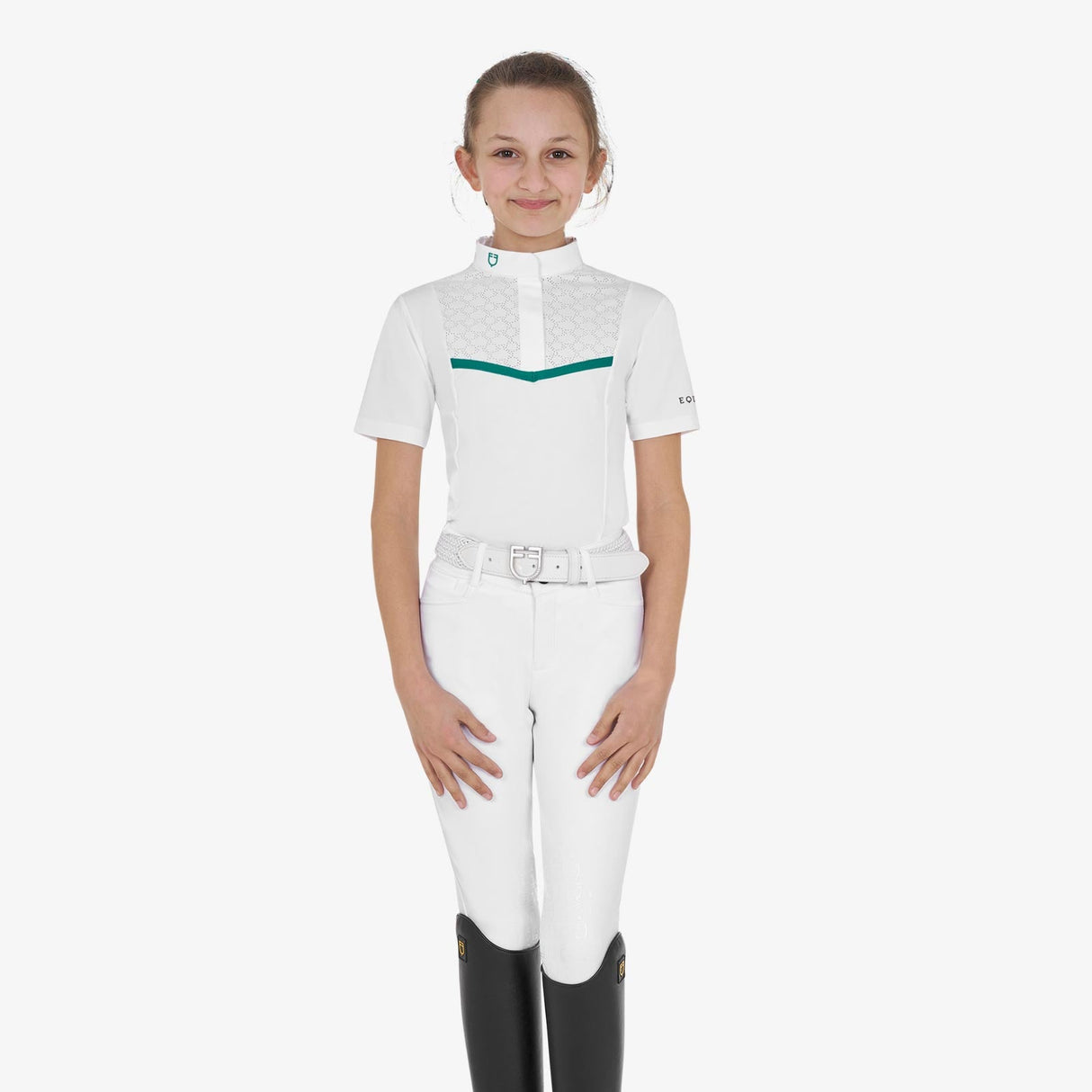 Equestro Girls' Slim Fit Competition Jacket With Chest Perforated Inserts #colour_green-white
