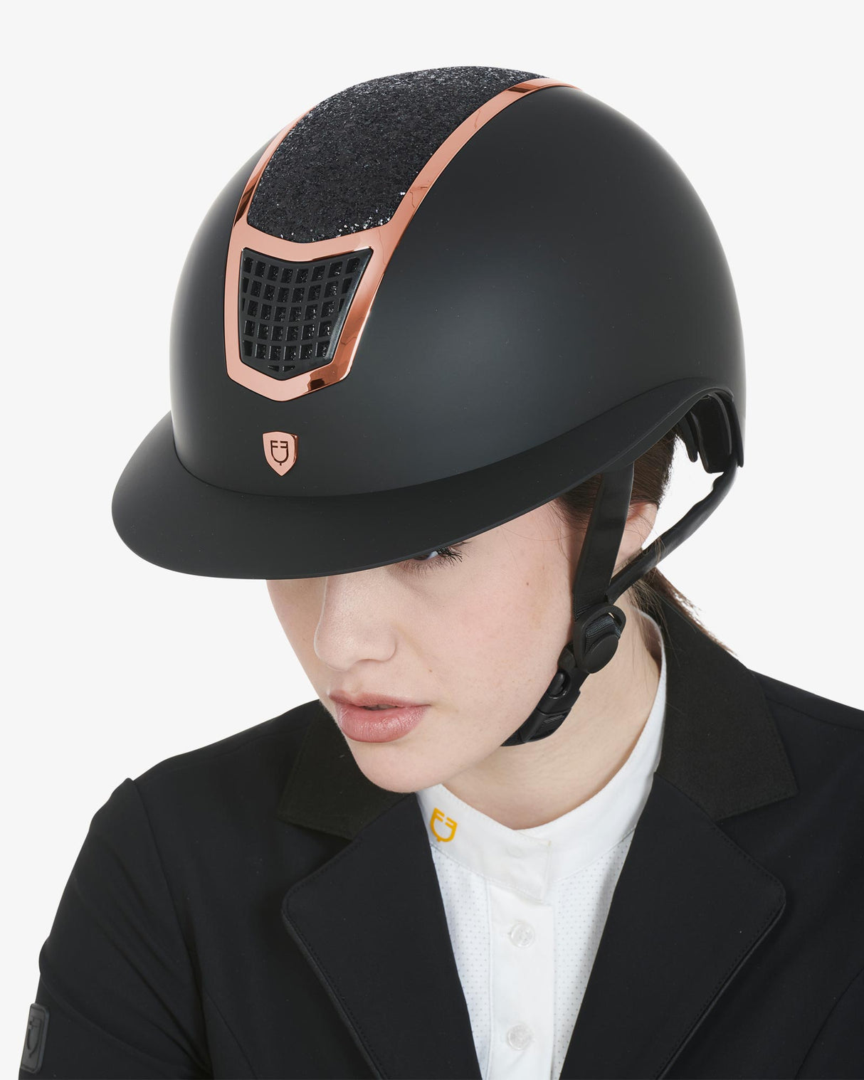 Equestro Helmet With Rhinestones And Wide Visor Homologation En 1384-2023 #colour_black-gold