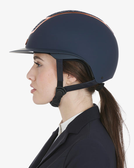 Equestro Helmet With Rhinestones And Wide Visor Homologation En 1384-2023 #colour_blue-gold