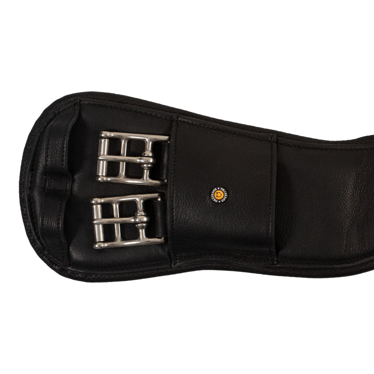 Shaped leather dressage girth with logo pin
