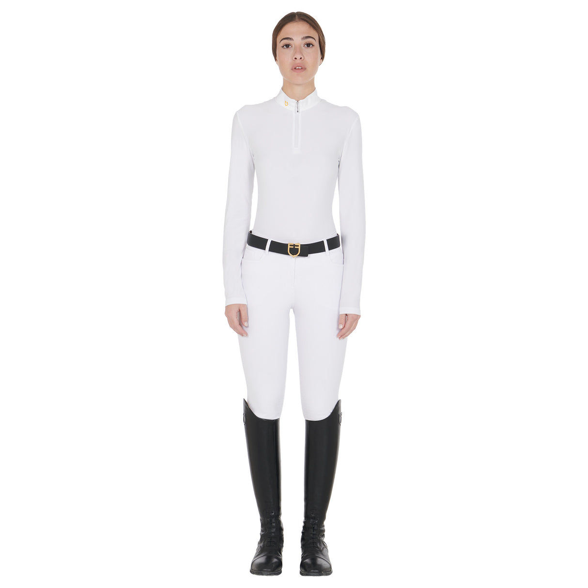 Women's long sleeved polo shirt in technical fleece fabric