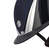 Charles Owen Hyda Sparkly riding hat in Navy Gloss/Chrome, angled close-up of the sparkly top, chrome trim and peak