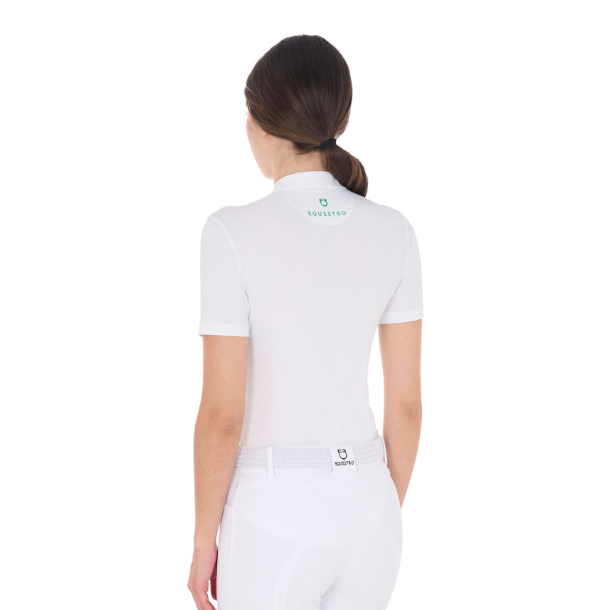 Equestro Women's Slim Fit Competition Polo Shirt With Collar Rhinestones #colour_green-white